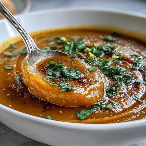 Smooth butternut squash and lentil soup, vibrant orange, topped with cilantro.