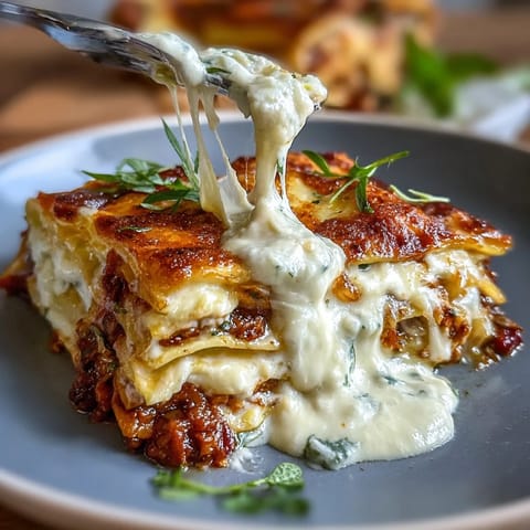 Golden-brown One-Pan Smoky Veggie Lentil Lasagne fresh from the oven, bubbling with creamy béchamel and hearty lentil filling.