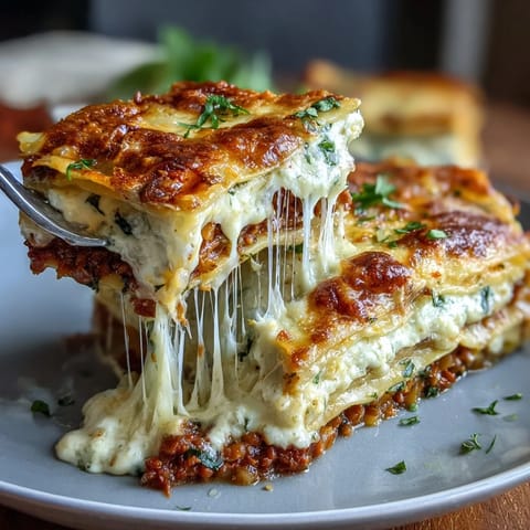 A close-up view of a slice of One-Pan Smoky Veggie Lentil Lasagne revealing distinct layers of pasta and vegetables.