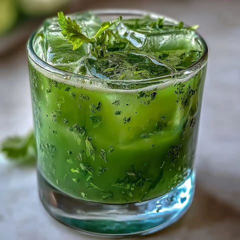 A tall glass of vibrant Celery Ginger Lemon Juice filled with ice, garnished with fresh celery and mint. 