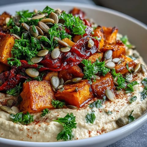 Roasted butternut squash and sweet potatoes rest atop creamy butter bean hummus in this vibrant winter salad, sprinkled with toasted seeds.