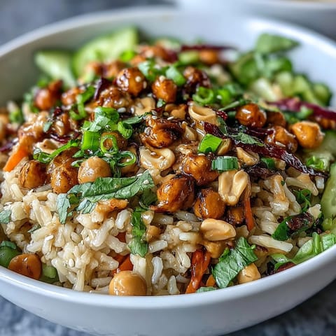 Peanut Chickpea Rice Bowl served in a white bowl with cucumbers, carrots, and red cabbage for a healthy vegan meal. 