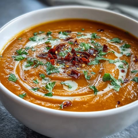 Hearty Carrot, Celeriac, and Chilli Soup in a rustic bowl, steam rising from the golden, spiced puree.