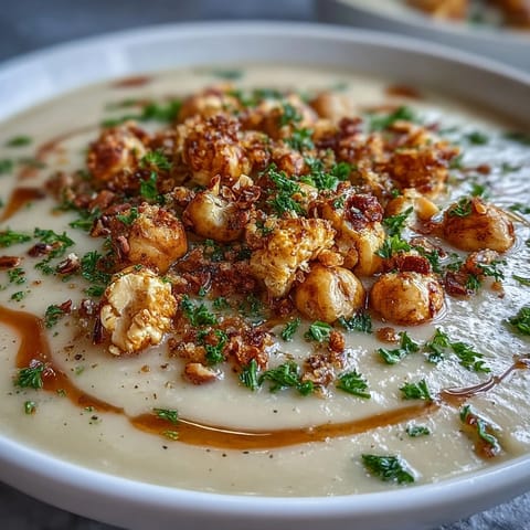 Roasted celeriac blended into velvety soup, finished with a savory hazelnut crumble and ready to serve alongside crusty bread.