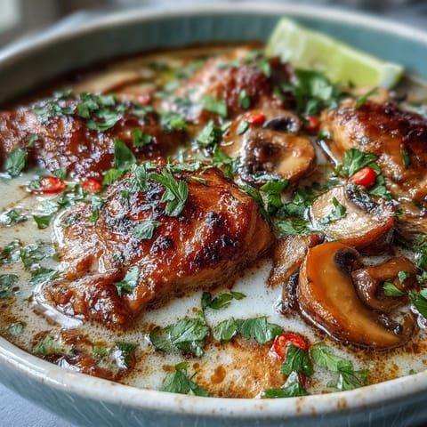 Steaming Thai Coconut Curry Soup served in a white bowl, garnished with fresh cilantro and a lime wedge.  