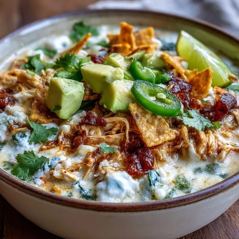 Warm Creamy Chicken Tortilla Soup simmering in a pot, featuring shredded chicken and vibrant salsa verde base.