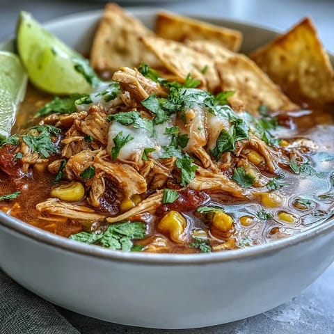 Best Chicken Tortilla Soup simmering in a pot with fire-roasted tomatoes, corn, and tender shredded chicken.  
