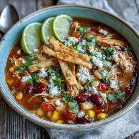 Tender shredded chicken and pinto beans simmer in a rich, aromatic tomato broth in this classic Chicken Tortilla Soup.