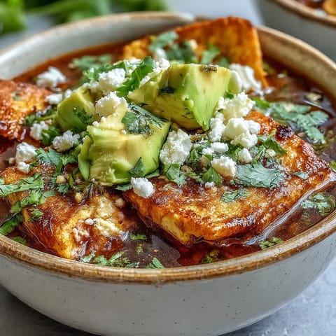 Fresh cilantro and a lime wedge garnish this vibrant Mexican soup, ready to serve with a dollop of crema for a tangy finish.  