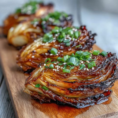 Savory Miso Butter Roasted Cabbage Wedges served hot on a platter, paired with rice for a gluten-free meal.