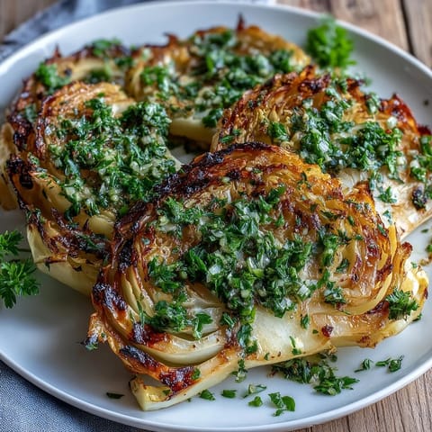 Sizzling cabbage steaks with herb-rich jalapeño chimichurri, served for a plant-based dinner.