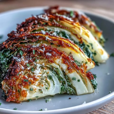 Garlic-infused olive oil and melted Parmesan cheese top these savory, oven-roasted cabbage wedges for an easy vegetarian side dish.  