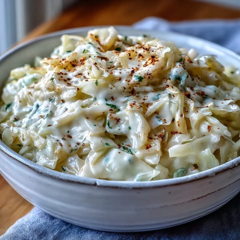 Silky Creamed Cabbage simmered in a creamy sauce, garnished with fresh parsley, served warm in a rustic bowl.