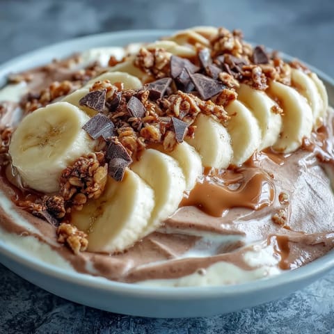 This vibrant bowl features a rich cocoa and peanut butter base, topped with fresh banana slices and chopped dark chocolate for an indulgent breakfast.