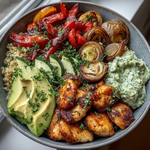 Vibrant Paprika Roasted Vegetable Quinoa Bowl with golden chicken, creamy avocado, and fresh lemon salad on a rustic table.