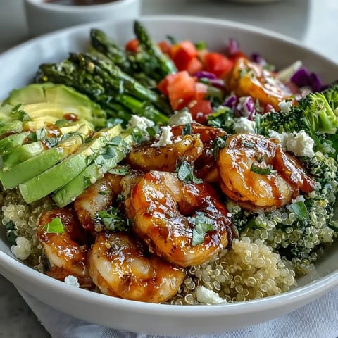 Close-up of a finished Rainbow Vegetable Detox Bowl showing vibrant shrimp, green broccoli, asparagus, red cabbage, tomato, and creamy avocado atop fluffy quinoa.