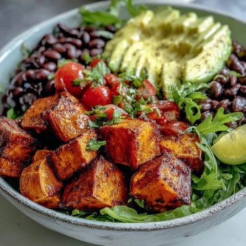 A hearty Sweet Potato and Black Bean Bowl with warm spices, zesty lime dressing, and colorful vegetables perfect for a nutritious meal.