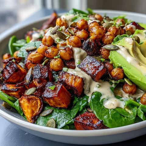A close-up of a vibrant roasted sweet potato and chickpea bowl, showcasing caramelized orange cubes and crispy brown legumes.  