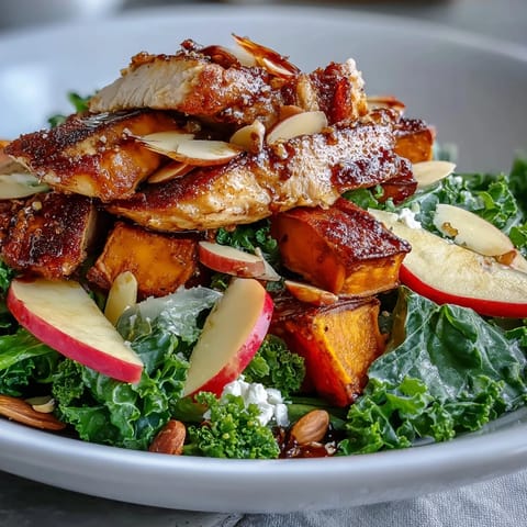 Fall Sweet Potato Harvest Bowl with golden roasted chicken, tender sweet potatoes, fresh kale, and toasted almonds.