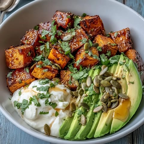 A nourishing Hot Honey Sweet Potato Bowl features a spicy-sweet honey drizzle glistening over roasted sweet potatoes, creamy avocado, and cottage cheese, garnished with fresh cilantro.  