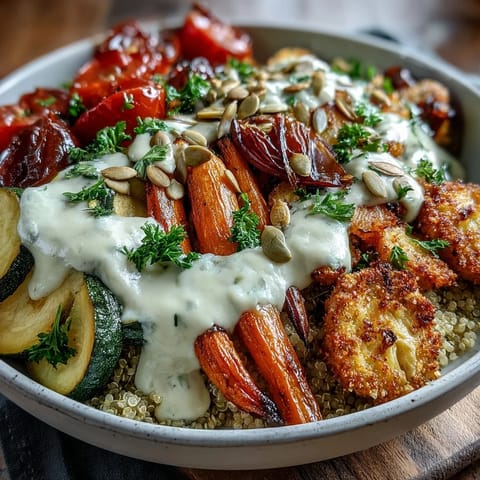 A freshly prepared Roasted Vegetable Quinoa Bowl topped with creamy tahini sauce and toasted pumpkin seeds.