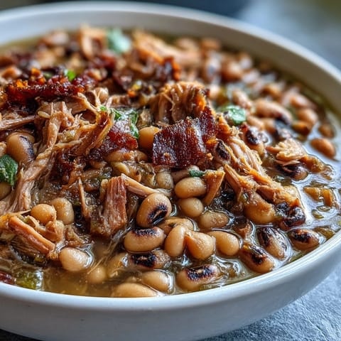 Crock-Pot Black-Eyed Peas with Smoked Turkey feature tender beans in a rich, smoky broth, served steaming in a rustic bowl.