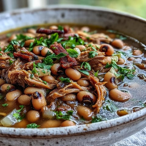 Classic New Years Black-Eyed Peas simmering in a savory broth with smoked pork, aromatic onions, and warm Creole spices in a Dutch oven.