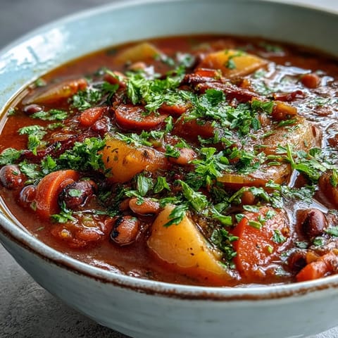 A hearty bowl of Black-Eyed Pea Stew with Chefs Touch features tender vegetables in a rich tomato broth and a side of bread.