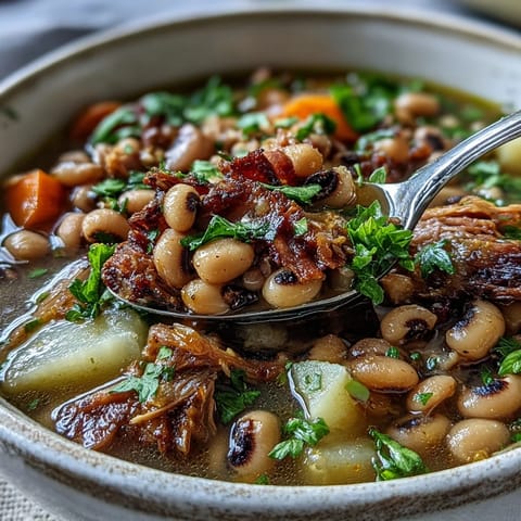 Black-Eyed Pea Stew with Smoked Ham Hocks garnished with fresh parsley, served hot beside a slice of cornbread for dipping.