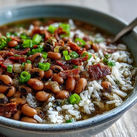 Savory Hoppin John simmering in a pot, featuring tender black-eyed peas with smoky bacon and aromatics.
