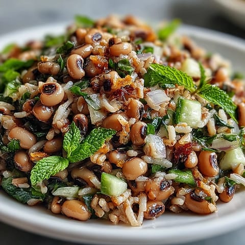 Fresh Southern Black Eyed Pea Salad served chilled in a white bowl with a lemon-mint vinaigrette, red onion, and celery.