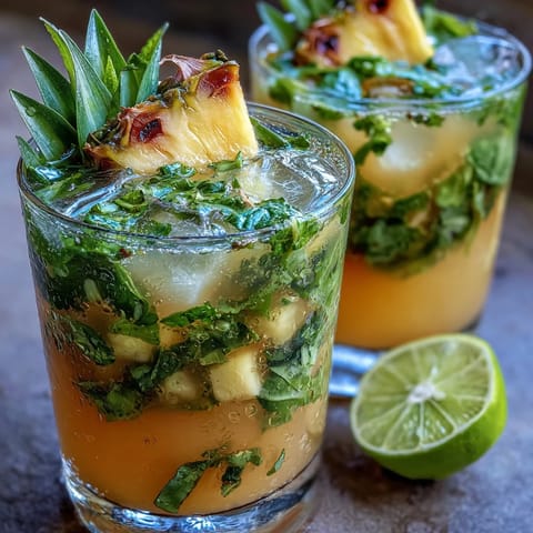 Refreshing pineapple basil agua fresca served over ice with lime wedges and basil sprigs for a tropical twist.