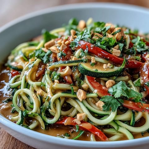 Healthy Easy Zucchini Noodle Stir-Fry with Peanut Sauce in a vibrant, colorful bowl, garnished with chopped peanuts and fresh cilantro.