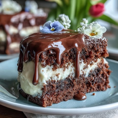 Spring Floral Drip Cake with Lemon Frosting on a white cake stand, adorned with edible violets and delicate white chocolate drip cascading down the sides.