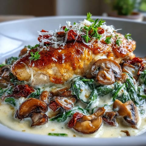 Creamy Tuscan Chicken Skillet with golden seared chicken in a rich garlic cream sauce, sun-dried tomatoes, and wilted spinach.
