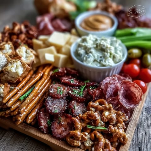 Game Day Baseball Snack Board with Pretzels and Dips arranged on a rustic wooden board, featuring soft pretzel bites, assorted cheeses, and colorful vegetable sticks.