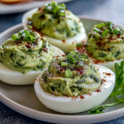 Vibrant green avocado deviled eggs with fresh herbs, perfect for spring parties and healthy snacking.