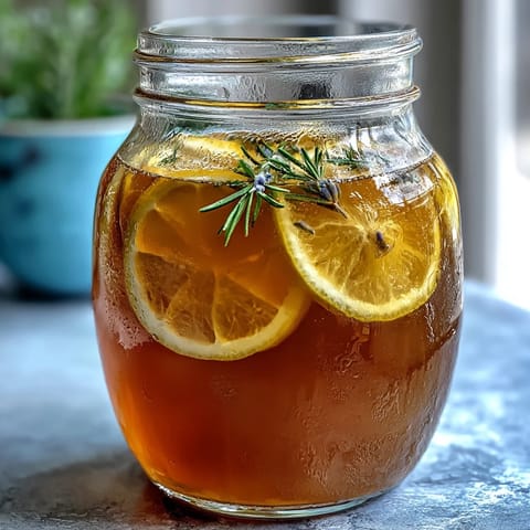 A tall pitcher filled with lavender honey lemonade, garnished with fresh lavender sprigs and lemon slices.