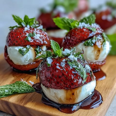 Colorful strawberry caprese skewers featuring creamy mozzarella, fragrant basil, and a glossy balsamic reduction—perfect for picnics or parties.  