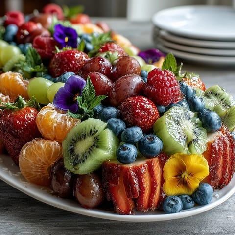 Fresh, colorful fruit display featuring edible flowers—ideal for festive graduation gatherings.