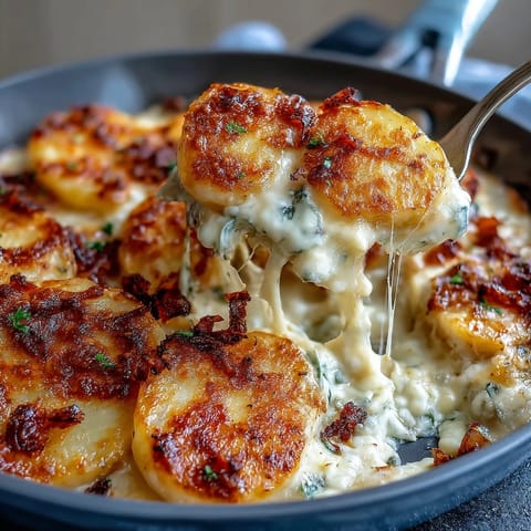 Creamy Easy Cheesy Scalloped Potatoes with golden cheese crust and tender potato layers.  