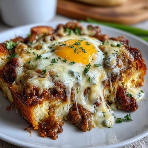 Hearty Amish breakfast casserole with crispy hash browns, savory sausage, fluffy eggs, and melted cheddar cheese, baked golden and bubbling.