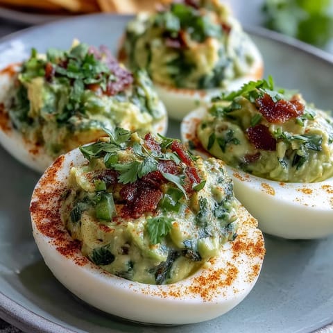 Vibrant avocado and lime guacamole filling in classic deviled egg whites, garnished with diced tomato and jalapeño for a zesty twist.  