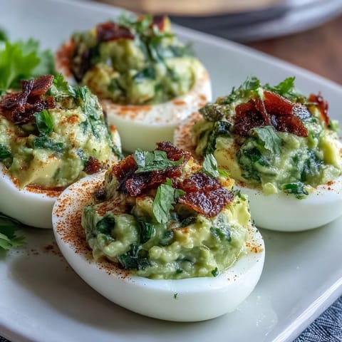 Creamy guacamole stuffed deviled eggs topped with smoked paprika and fresh cilantro, a flavorful appetizer perfect for parties.  