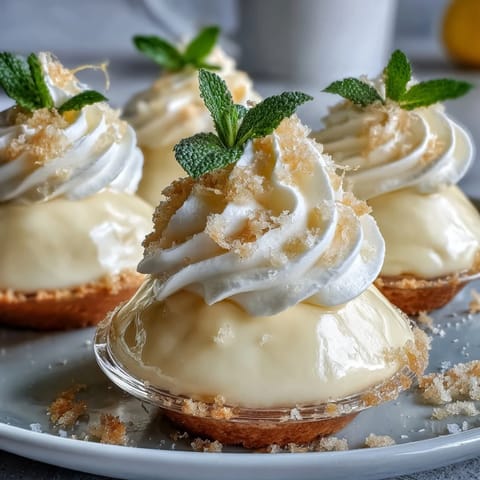 Elegant lemon mousse cups with buttery shortbread cookies, garnished with fresh berries and mint leaves.