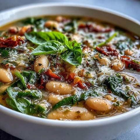 Creamy Tuscan white bean and spinach soup with tender vegetables and aromatic herbs, slow-cooked to perfection.
