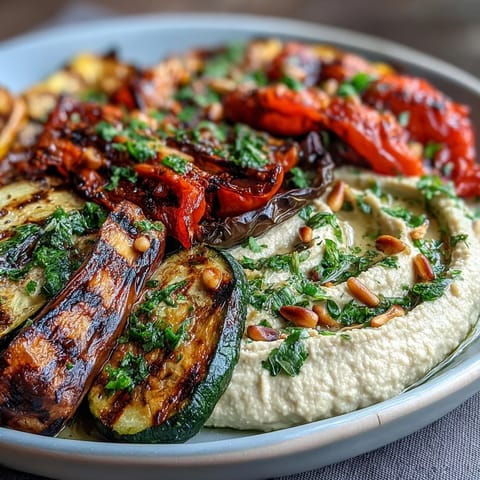 Colorful grilled veggie platter with creamy hummus, perfect for healthy summer dining and Mediterranean-inspired meals.