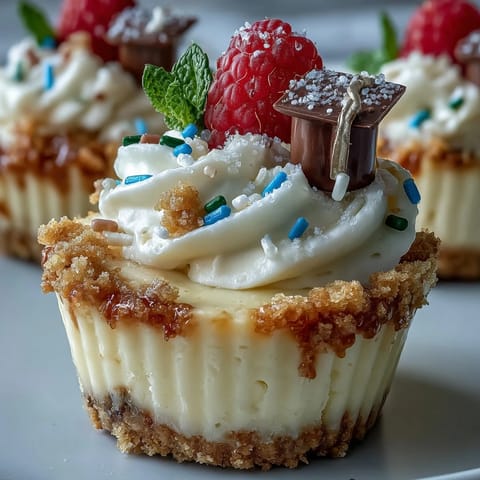 Festive graduation cheesecake bites with creamy filling and graham cracker crust, topped with whipped cream and sprinkles for a party-ready dessert.