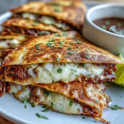 Cinco de Mayo birria quesadillas with consommé dip, golden tortillas stuffed with tender braised beef and melted cheese.  