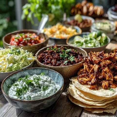 This DIY Taco Bar setup invites guests to create customized tacos at an outdoor gathering.